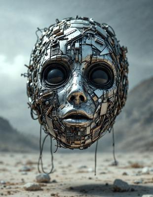 The primary subject of the image is a close-up of a face, which appears to be a metal or robotic head. The face is surrounded by a variety of electronic components, giving it a futuristic and technological appearance. The setting is a desert-like environment, with a rocky surface visible in the background. The visual style of the image is a combination of photo and digital art, creating a unique and intriguing composition. The colors and mood of the image are predominantly dark and moody, with the metallic components adding a sense of coldness and mechanical precision to the scene.